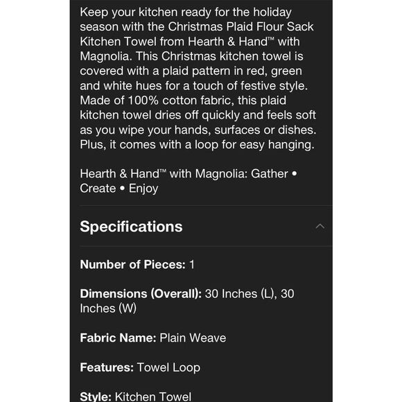 Hearth Hand Magnolia Christmas Plaid Kitchen Hand Towel - Picture 2 of 4